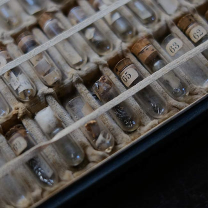 A set of small jars containing mechanical watch parts