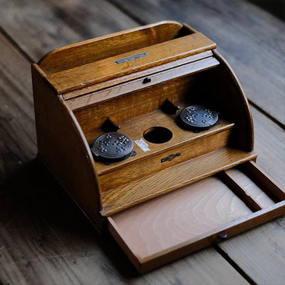 Accordion-style storage box with lid and drawer